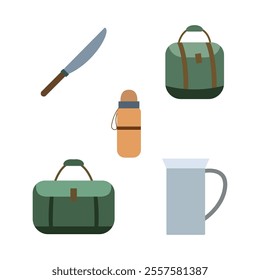 Camping Tool Elements Set of Knife Hand Bag Thermos Teapot Jug