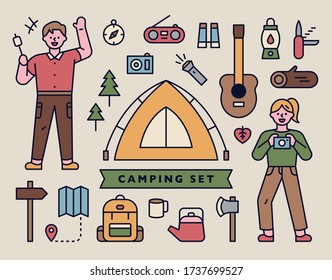 Camping tools icons with men and women characters camping. flat design style minimal vector illustration.