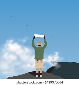 Camping at the top of the mountain with people celebration and  blue sky background
