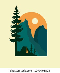 Camping in Torres del paine national park patagonia in chile with silhouette illustration style