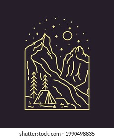 Camping in Torres del paine national park patagonia in chile with mono line art, patch badge design, emblem design, T-Shirt Design