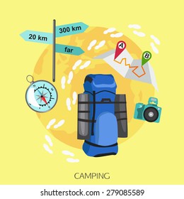 Camping tourism background. Flat style design. Vector illustration.