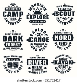 Camping and tourism badges. Graphic design for t-shirt. Black print on white background