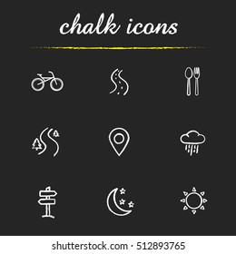 Camping And Tourism Chalk Icons Set. Bike, Highway, Fork And Spoon, Forest Road, Map Pinpoint, Rain Cloud, Signpost, Moon With Stars, Sun. Isolated Vector Chalkboard Illustrations