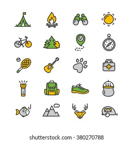 Camping Tourism Colorful Hiking Icon Set. Vector illustration