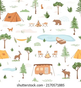 Camping, tourism concept, vacation in forest, outdoor weekend. Illustration with tents, van, lake with boat, campfire. Wildlife animals moose, bear, deer, fox. Nature scene. Vector seamless pattern.