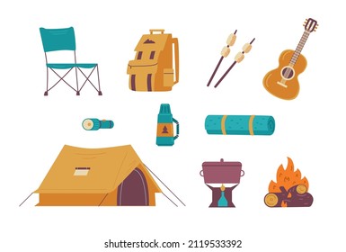 Camping and tourism equipment symbols collection, flat vector illustration isolated on white background. Hiking and travel in nature, camping recreation icons set.