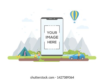 Camping and tourism - flat design style vector illustration on white background. A composition with tourists putting up tents, walking. Landscape with mountains. A smartphone with place for your image
