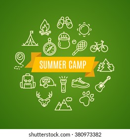 Camping Tourism Hiking Concept on Green. Vector illustration