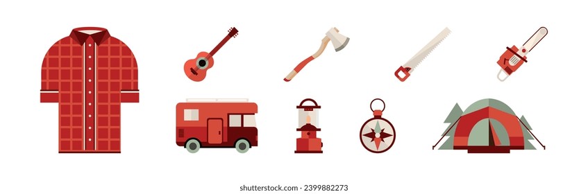 Camping Tourism Icon and Adventure Object Vector Set