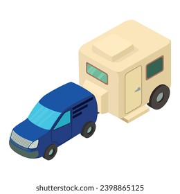 Icono de turismo de camping vector isométrico. Nuevo icono del remolque de remolque de remolque de coche azul. Esparcimiento al aire libre, ocio, pasatiempos