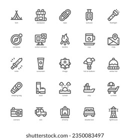 Camping and Tourism icon pack for your website, mobile, presentation, and logo design. Camping and Tourism icon outline design. Vector graphics illustration and editable stroke.
