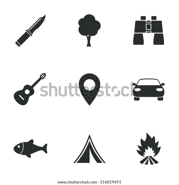 Camping, tourism icons. Fishing, campfire and tent\
signs. Guitar music, knife and binoculars instruments. Flat icons\
on white. Vector
