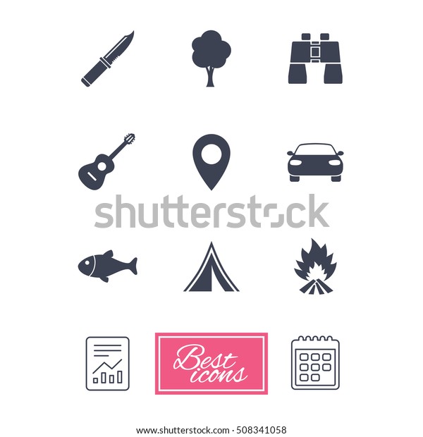 Camping, tourism\
icons. Fishing, guitar\
music.