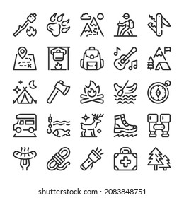 Camping tourism icons set. Line style