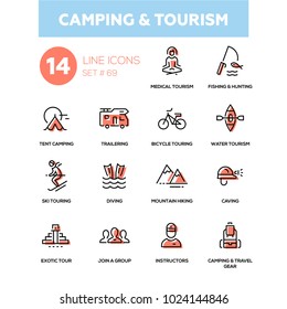 Camping and tourism - line design icons set. Medical, fishing, hunting, tent, trailering, bicycle touring, water, ski, diving, mountain hiking, caving, exotic, join a group, instructors, gear