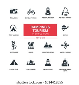 Camping and tourism - line design silhouette icons set. Medical, fishing, hunting, tent, trailering, bicycle touring, water, ski, diving, mountain hiking, caving, exotic, join group, instructors