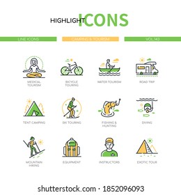 Camping and tourism - modern line design style icons set. Vacation and traveling idea. Medical, ski and bicycle touring, road trip, tent, diving, mountain hiking, equipment, instructor, exotic tour