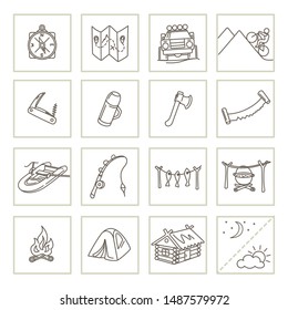 Camping and tourism outdoor elements, Set of icons, line design