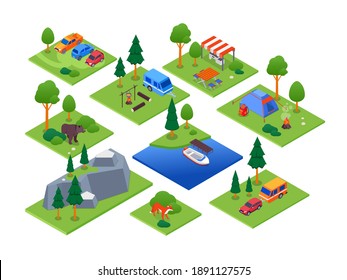 Camping and tourism - set of vector colorful isometric elements. Compositions with a mountain, tents, trees and rocks, wild animals, campsites. Bonfire, fishing boat images. Leisure, recreation idea