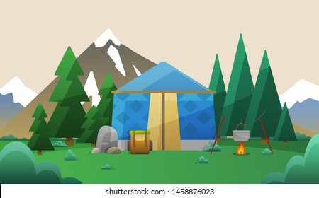 Camping, tourism, travel. Camp among the mountains and the forest. Vector illustration in flat style.