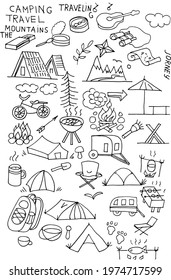 Camping tourism travel doodle sketch vector illustration hand drawn print tent mountain bbq bbq vacation vacation active sport healthy lifestyle