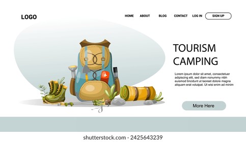 Camping tourism web page. Freehand drawing. Isolate on a white background. Vector
