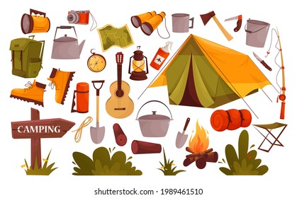 Camping and tourist complex. Elements - tent, bonfire, map and other items. Perfect for scrapbooking, crafts, posters, labels, stickers. Vector illustration.