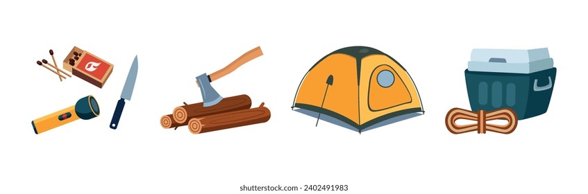 Camping and Tourist Equipment Object and Items Vector Set