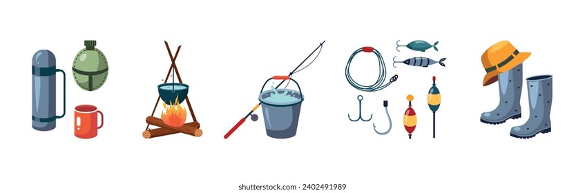 Camping and Tourist Equipment Object and Items Vector Set