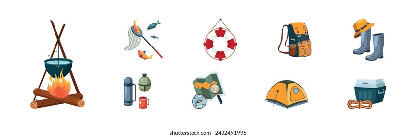 Camping and Tourist Equipment Object and Items Vector Set