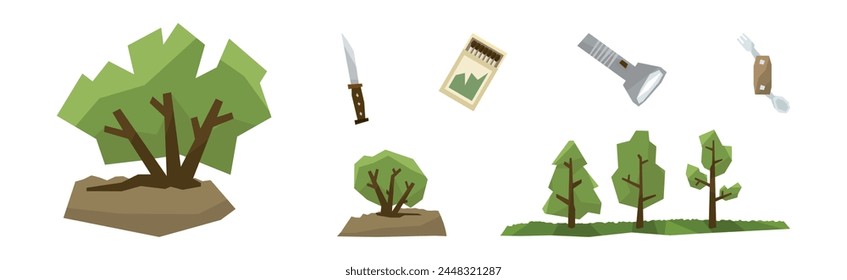 Camping and Tourist Equipment and Travel Accessory Flat Vector Set
