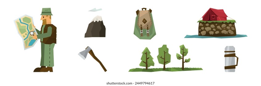 Camping and Tourist Equipment and Travel Accessory Flat Vector Set