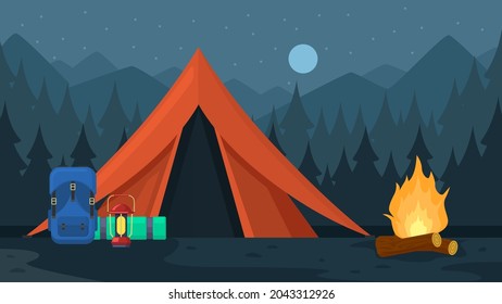 Camping tourist hiking outdoor adventure travel backpacks. Tourist hiking trekking backpacks with sleeping bags vector illustration set. Outdoor tourist equipment bags on camp near tent for hiking