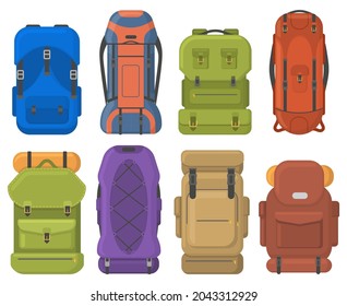 Camping tourist hiking outdoor adventure travel backpacks. Tourist hiking trekking backpacks with sleeping bags vector illustration set. Outdoor tourist equipment. Backpack to travel and adventure