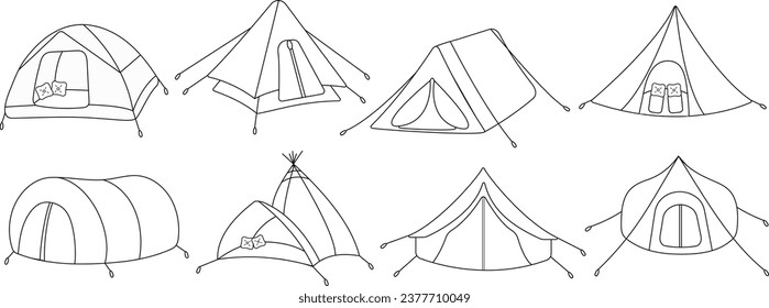 Camping, tourist, military tent for expedition in a set in doodle style. Summer camp, outdoor recreation, picnic, camping equipment, tourism. Vector illustration on a white background.
