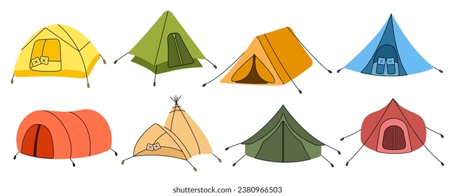 Camping, tourist, military tent for expedition in a set in doodle style. Summer camp, outdoor recreation, picnic, camping equipment, tourism. Vector illustration on a white background.