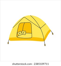 Camping, tourist, military tent for expedition in doodle style. Summer camp, outdoor recreation, picnic, camping equipment, tourism. Vector illustration on a white background.