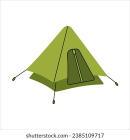 Camping, tourist, military tent for expedition in doodle style. Summer camp, outdoor recreation, picnic, camping equipment, tourism. Vector illustration on a white background.