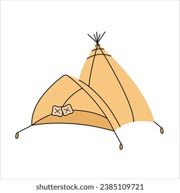 Camping, tourist, military tent for expedition in doodle style. Summer camp, outdoor recreation, picnic, camping equipment, tourism. Vector illustration on a white background.