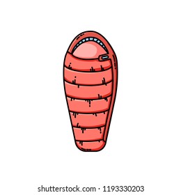 Camping tourist sleeping bag. Hiking equipment for sleep. Flat design vector illustration