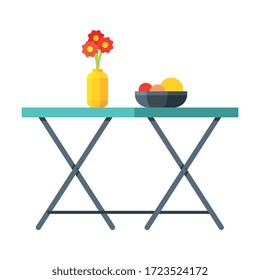 Camping Tourist Table with Dish of Fresh Fruits and Vase with Red Flowers, Hiking Folding Furniture Flat Vector Illustration