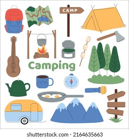 Camping tourists equipment vector flat Illustration. Summer camp elements: backpack, tent, map, campfire, trailer.