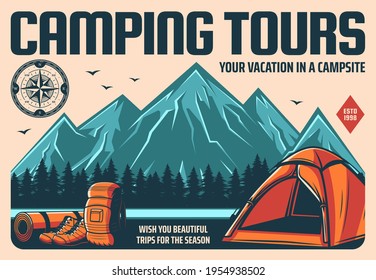 Excursiones de camping y de senderismo o escalada, turismo al aire libre, afiche vectorial retro. Expedición de senderismo y vacaciones en el camping, carpa de campamento y mochila para hacer rafting o kayak