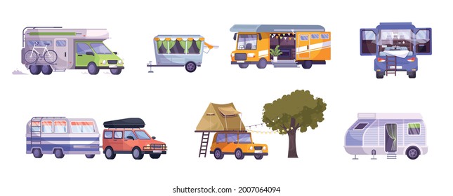 Camping Trailer Car Caravan Motor Home With Equipment For Outdoor Vacation Flat Set Isolated Vector Illustration