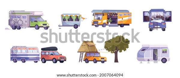 Camping trailer car\
caravan motor home with equipment for outdoor vacation flat set\
isolated vector\
illustration