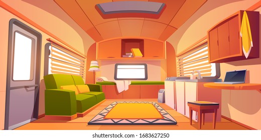 Camping Trailer Car Interior With Bed, Couch, Sink, Desk With Laptop, Bookshelf And Jalousie On Windows. Rv Motor Home Room Inside View, Cozy Place For Living And Sleeping, Cartoon Vector Illustration