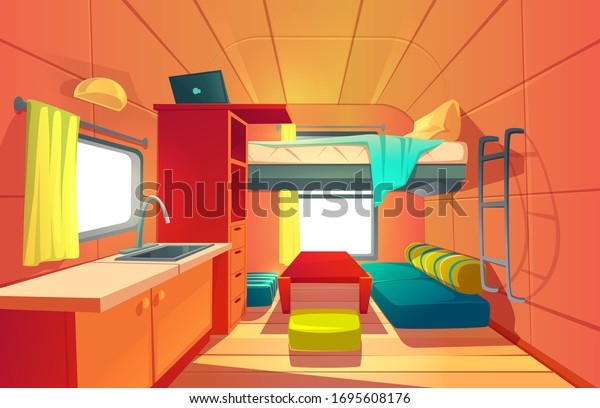 Camping trailer car interior with loft bed,\
couch, kitchen sink, desk with laptop, bookshelf and window. Rv\
motor home room inside view, cozy place for living and sleeping,\
Cartoon vector\
illustration