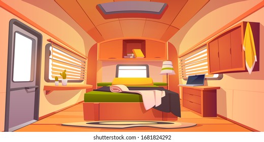 Camping Trailer Car Interior With Unmade Bed, Desk With Laptop, Shelf With Books, Cacti Plants And Jalousie On Windows. Rv Home Bedroom Inside View, Cozy Place For Sleeping Cartoon Vector Illustration