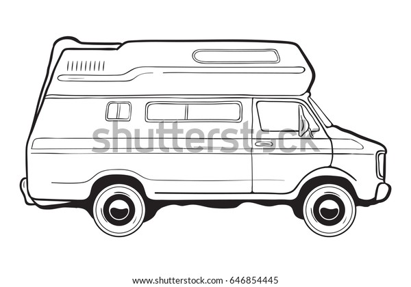 Camping trailer car, side view. Black and
white vector
illustration.